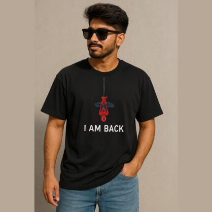 I Am Back" Spider Design Round Neck Half Sleeve Black T-Shirt