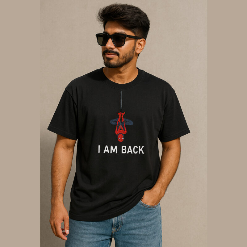 I Am Back" Spider Design Round Neck Half Sleeve Black T-Shirt