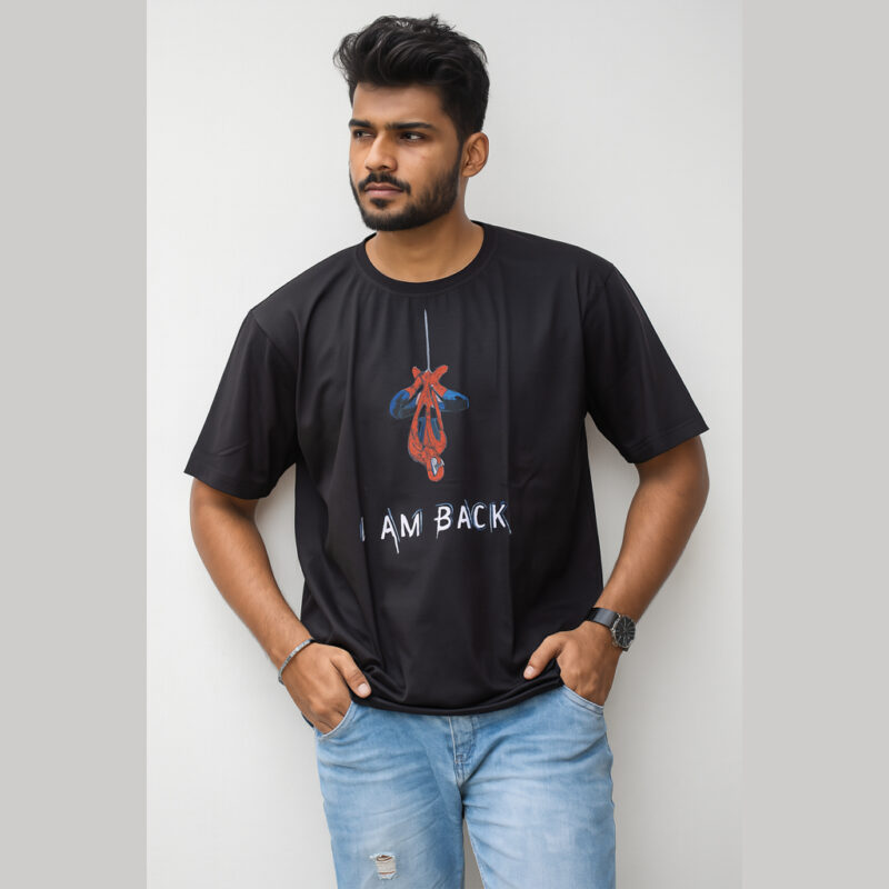 I Am Back" Spider Design Round Neck Half Sleeve Black T-Shirt