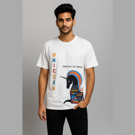 Men Printed Round Neck Cotton Blend White T-Shirt. Premium quality