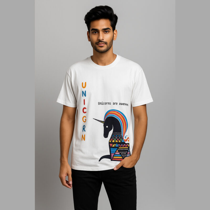 Men Printed Round Neck Cotton Blend White T-Shirt. Premium quality
